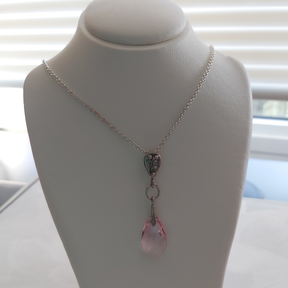 Swarovski Rose Pink Crystal Pendant Silver Chain